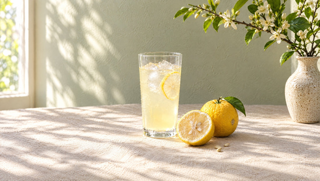 Morning light across a linen table with an iced yuzu drink and a vase of flowering citrus.