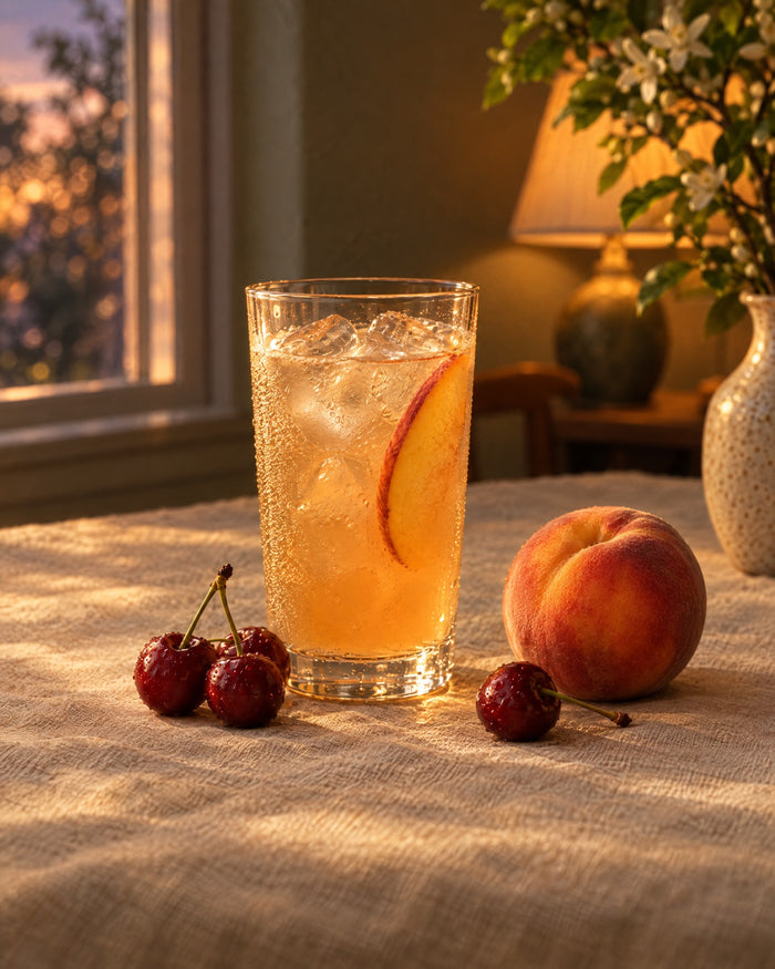 An iced peach drink, a peach and cherries on linen in warm evening light.