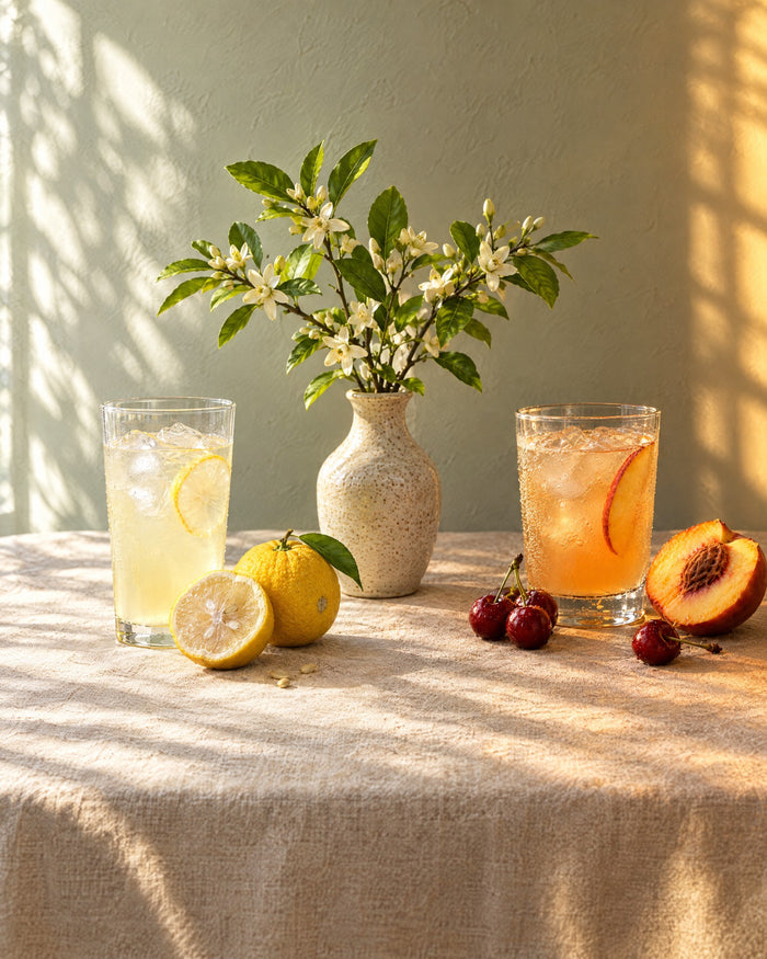 The same table from morning to evening, a yuzu drink in sun and a peach drink in golden light.