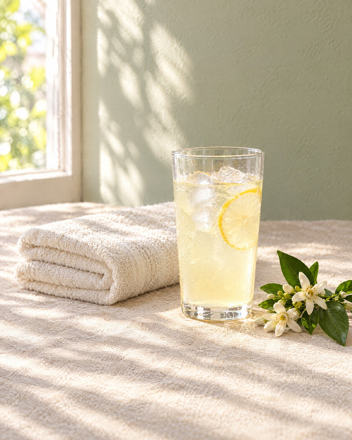 A folded towel, iced water and citrus blossom on linen in morning light.